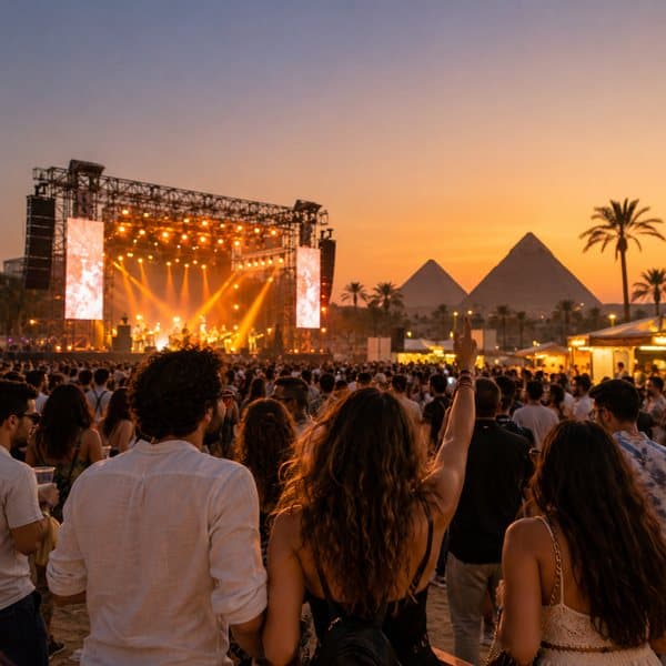 Crowd at an open-air concert by the pyramids