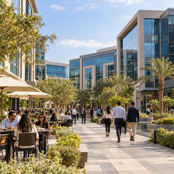 Office workers at an outdoor café in an office park