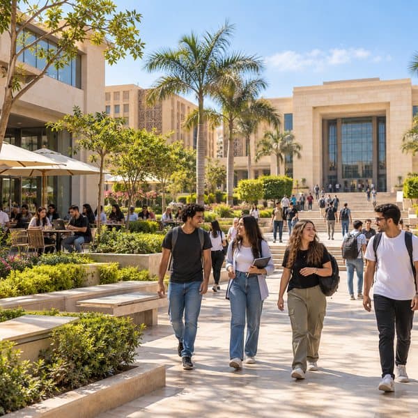 Students walking across a university campus